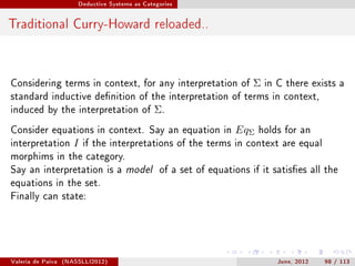 Deductive Systems as Categories




Traditional Curry-Howard reloaded..



Considering terms in context, for any interpretation of          Σ   in C there exists a
standard inductive denition of the interpretation of terms in context,
induced by the interpretation of                Σ.
Consider equations in context. Say an equation in            EqΣ   holds for an
interpretation        I   if the interpretations of the terms in context are equal
morphims in the category.
Say an interpretation is a model of a set of equations if it satises all the
equations in the set.
Finally can state:




Valeria de Paiva   (NASSLLI2012)                                        June, 2012   98 / 113
 