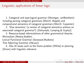 A taste of Glue Semantics?...




Linguistic applications of linear logic


    1. Categorial and type-logical grammar (Moortgat, vanBenthem):
including parsing categorial grammars (Morrill, Hepple) and
compositional semantics of categorial grammars (Morrill, Carpenter)
    2. `Glue semantics' (a version of categorial semantics without an
associated categorial grammar?) (Dalrymple, Lamping  Gupta))
    3. Resource-based reformulations of other grammatical theories
Minimalism (Retore,Stabler)
Lexical Functional Grammar (Saraswat,Muskens)
Tree Adjoining Grammar (Abrusci)
    4. Also AI issues such as the frame problem (White) or planning
(Dixon) with linguistic relevance




Valeria de Paiva   (NASSLLI2012)                            June, 2012   103 / 113
 