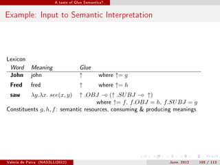 A taste of Glue Semantics?...




Example: Input to Semantic Interpretation



Lexicon

 Word Meaning                          Glue
 John        john                      ↑          where   ↑= g
 Fred        fred                      ↑          where   ↑= h
 saw         λy.λx. see(x, y)          ↑ .OBJ −◦ (↑ .SU BJ −◦ ↑)
                                            where ↑= f , f.OBJ = h, f.SU BJ = g
Constituents       g, h, f :   semantic resources, consuming  producing meanings




Valeria de Paiva   (NASSLLI2012)                                       June, 2012   105 / 113
 