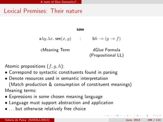 A taste of Glue Semantics?...




Lexical Premises: Their nature

                                                     saw
                         aλy.λx. see(x, y)                :    bh   −◦ (g −◦ f )

                          cMeaning Term                        dGlue Formula
                                                              (Propositional LL)


Atomic propositions (f, g, h):
•   Correspond to syntactic constituents found in parsing
•   Denote resources used in semantic interpretation
    (Match production  consumption of constituent meanings)
Meaning terms:
•   Expressions in some chosen meaning language
•   Language must support abstraction and application
•   . . . but otherwise relatively free choice


Valeria de Paiva   (NASSLLI2012)                                                   June, 2012   106 / 113
 