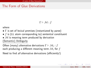 A taste of Glue Semantics?...




The Form of Glue Derivations



                                                Γ         M:f
where
• Γ is set of lexical premises (instantiated by parse)
• f is (LL atom corresponding to) sentential constituent
• M is meaning term produced by derivation
(Semantic) Ambiguity

Often (many) alternative derivations                      Γ   Mi : f
each producing a dierent meaning term                        Mi for f
Need to nd all alternative derivations (eciently!)




Valeria de Paiva   (NASSLLI2012)                                         June, 2012   108 / 113
 