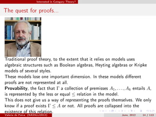 Interested in Category Theory?




The quest for proofs...




Traditional proof theory, to the extent that it relies on models uses
algebraic structures such as Boolean algebras, Heyting algebras or Kripke
models of several styles.
These models lose one important dimension. In these models dierent
proofs are not represented at all.
Provability, the fact that              Γ   a collection of premisses      A1 , . . . , A k   entails   A,
is represented by the less or equal                ≤      relation in the model.
This does not give us a way of representing the proofs themselves. We only
know if a proof exists             Γ≤A      or not. All proofs are collapsed into the
existence of this relation.
Valeria de Paiva   (NASSLLI2012)                                                    June, 2012     14 / 113
 