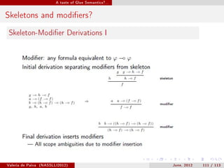 A taste of Glue Semantics?...




Skeletons and modiers?




Valeria de Paiva   (NASSLLI2012)                          June, 2012   111 / 113
 
