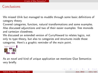 A taste of Glue Semantics?...




Conclusions

We missed Ulrik but managed to muddle through some basic denitions of
category theory.
Covered categories, functors, natural transformations and some examples.
Also discussed adjunctions and two of their easier examples: free monoids
and cartesian closedness.
We discussed an extended version of CurryHoward to relates logics, not
only to type theory, but also to categories and structures inside those
categories. Here's a graphic reminder of the main point.




As an novel and kind of unique application we mentione Glue Semantics
very briey.



Valeria de Paiva   (NASSLLI2012)                             June, 2012   113 / 113
 