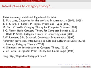 Interested in Category Theory?




Introductions to category theory?...

There are many. check out logic-forall for links.
S. Mac Lane, Categories for the Working Mathematician (1971, 1998)
J.-Y. Girard, Y. Lafont, P. Taylor, Proofs and Types (1989)
M. Barr, C. Wells, Category Theory for Computer Science (1995)
B.C. Pierce, Basic Category Theory for Computer Science (1991)
R. Blute P. Scott, Category Theory for Linear Logicians (2003)
F.W. Lawvere, S.H. Schanuel, Conceptual Mathematics (1997)
Abramsky,Tzevelekos, Introduction to Cats and Categorical Logic (2010)
S. Awodey, Category Theory, (2010).
H. Simmons, An Introduction to Category Theory, (2011)
V. de Paiva, Categorical Proof Theory and Linear Logic (1996)

Blog http://logic-forall.blogspot.com/




Valeria de Paiva   (NASSLLI2012)                              June, 2012   19 / 113
 