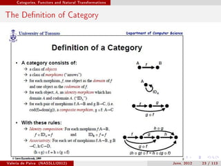 Categories, Functors and Natural Transformations




The Denition of Category




Valeria de Paiva   (NASSLLI2012)                        June, 2012   23 / 113
 