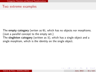 Categories, Functors and Natural Transformations




Two extreme examples




The empty category (writen as                   0),     which has no objects nor morphisms.
(Just a parallel concept to the empty set.)
The singleton category (written as                      1),   which has a single object and a
single morphism, which is the identity on the single object.




Valeria de Paiva   (NASSLLI2012)                                                 June, 2012   31 / 113
 