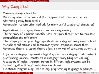 Categories, Functors and Natural Transformations




Why Categories?
Category theory is ideal for:
Reasoning about structure and the mappings that preserve structure
Abstracting away from details
Automation (constructive methods for many useful categorical structures)

Applications of Category theory in software engineering:
The category of algebraic specications: category theory used to represent
composition and renement
The category of temporal logic specications: category theory used to build
modular specications and decompose system properties across them
Automata theory: category theory oers a new way of comparing automata

Logic as a category: represent a logical system as a category, and construct
proofs using universal constructs in category theory (diagram chasing).
A category of logics: theorem provers in dierent logic systems can be
hooked together through institution morphisms
Functional Programming: type theory, programming language semantics...
Valeria de Paiva   (NASSLLI2012)                            June, 2012    33 / 113
 