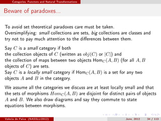 Categories, Functors and Natural Transformations




Beware of paradoxes...

To avoid set theoretical paradoxes care must be taken.
Oversimplifying: small collections are sets, big collections are classes and
try not to pay much attention to the dierences between them.

Say   C   is a small category if both
the collection objects of            C   (written as       obj(C)   or   |C|)   and
the collection of maps between two objects HomC (A, B) (for all                              A, B
objects of      C)    are sets.
Say   C   is a locally small category if HomC (A, B) is a set for any two
objects     A   and    B   in the category.

We assume all the categories we discuss are at least locally small and that
the sets of morphisms              HomC (A, B)           are disjoint for distinct pairs of objects
A   and   B.       We also draw diagrams and say they commute to state
equations between morphisms.


Valeria de Paiva   (NASSLLI2012)                                                      June, 2012    34 / 113
 