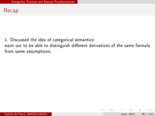 Categories, Functors and Natural Transformations




Recap



1. Discussed the idea of categorical semantics:
want our to be able to distinguish dierent derivations of the same formula
from same assumptions;




Valeria de Paiva   (NASSLLI2012)                            June, 2012   36 / 113
 
