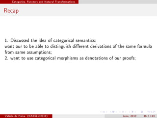 Categories, Functors and Natural Transformations




Recap



1. Discussed the idea of categorical semantics:
want our to be able to distinguish dierent derivations of the same formula
from same assumptions;
2. want to use categorical morphisms as denotations of our proofs;




Valeria de Paiva   (NASSLLI2012)                            June, 2012   36 / 113
 
