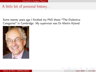 Interested in Category Theory?




A little bit of personal history...


Some twenty years ago I nished my PhD thesis The Dialectica
Categories in Cambridge. My supervisor was Dr Martin Hyland.




Valeria de Paiva   (NASSLLI2012)                          June, 2012   4 / 113
 