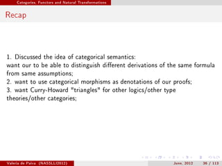 Categories, Functors and Natural Transformations




Recap



1. Discussed the idea of categorical semantics:
want our to be able to distinguish dierent derivations of the same formula
from same assumptions;
2. want to use categorical morphisms as denotations of our proofs;
3. want Curry-Howard triangles for other logics/other type
theories/other categories;




Valeria de Paiva   (NASSLLI2012)                            June, 2012   36 / 113
 