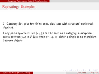 Categories, Functors and Natural Transformations




Repeating: Examples



0. Category Set, plus few nite ones, plus `sets-with-structure' (universal
algebra)...

1.any partially-ordered set              (P, ≤)   can be seen as a category, a morphism
exists between         p, q   in   P   just when   p ≤ q,   ie. either a single or no morphism
between objects.




Valeria de Paiva   (NASSLLI2012)                                              June, 2012   38 / 113
 