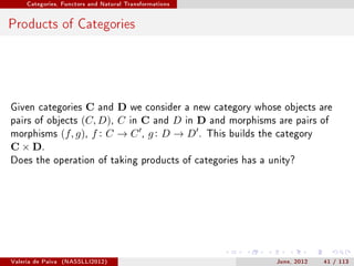 Categories, Functors and Natural Transformations




Products of Categories




Given categories         C and D we consider a new category whose objects are
pairs of objects        (C, D), C in C and D in D and morphisms are pairs of
morphisms          (f, g), f : C → C , g : D → D . This builds the category
C × D.
Does the operation of taking products of categories has a unity?




Valeria de Paiva   (NASSLLI2012)                                 June, 2012   41 / 113
 