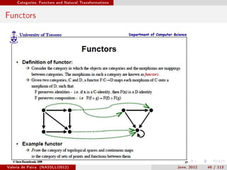 Categories, Functors and Natural Transformations




Functors




Valeria de Paiva   (NASSLLI2012)                        June, 2012   46 / 113
 
