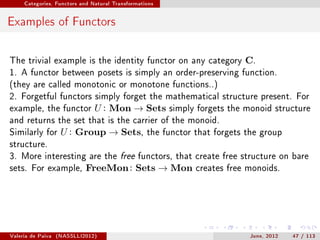 Categories, Functors and Natural Transformations




Examples of Functors

The trivial example is the identity functor on any category               C.
1. A functor between posets is simply an order-preserving function.
(they are called monotonic or monotone functions..)
2. Forgetful functors simply forget the mathematical structure present. For
example, the functor           U : Mon → Sets           simply forgets the monoid structure
and returns the set that is the carrier of the monoid.
Similarly for       U : Group → Sets,             the functor that forgets the group
structure.
3. More interesting are the free functors, that create free structure on bare
sets. For example,          FreeMon : Sets → Mon              creates free monoids.




Valeria de Paiva   (NASSLLI2012)                                            June, 2012   47 / 113
 