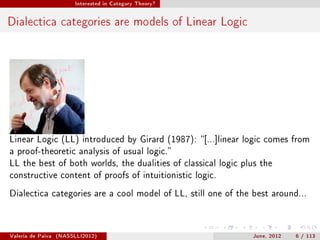 Interested in Category Theory?




Dialectica categories are models of Linear Logic




Linear Logic (LL) introduced by Girard (1987): [...]linear logic comes from
a proof-theoretic analysis of usual logic.
LL the best of both worlds, the dualities of classical logic plus the
constructive content of proofs of intuitionistic logic.

Dialectica categories are a cool model of LL, still one of the best around...




Valeria de Paiva   (NASSLLI2012)                               June, 2012   6 / 113
 