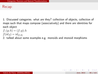 Categories, Functors and Natural Transformations




Recap:


1. Discussed categories. what are they? collection of objects, collection of
maps such that maps compose (associatively) and there are identities for
each object
f ; (g; h) = (f ; g); h
f (idA ) = idf (A)
2. talked about some examples e.g. monoids and monoid morphisms




Valeria de Paiva   (NASSLLI2012)                             June, 2012   50 / 113
 