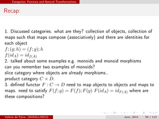 Categories, Functors and Natural Transformations




Recap:


1. Discussed categories. what are they? collection of objects, collection of
maps such that maps compose (associatively) and there are identities for
each object
f ; (g; h) = (f ; g); h
f (idA ) = idf (A)
2. talked about some examples e.g. monoids and monoid morphisms
can you remember two examples of monoids?
slice category where objects are already morphisms..
product category C × D.
3. dened functor F : C → D need to map objects to objects           and maps to
maps. need to satisfy F (f ; g) = F (f ); F (g) F (idA ) = idF (A)   where are
these compositions?




Valeria de Paiva   (NASSLLI2012)                                June, 2012   50 / 113
 