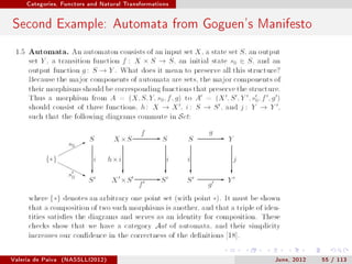 Categories, Functors and Natural Transformations




Second Example: Automata from Goguen's Manifesto




Valeria de Paiva   (NASSLLI2012)                        June, 2012   55 / 113
 