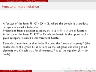 Categories, Functors and Natural Transformations




Functors: more notation



A functor of the form              H : C × D → E,          where the domain is a product
category, is called a bi-functor.
Projections from a product category                     π1,2 : A × B → A   are bi-functors.
                                         op
A functor of the form              F: C       → D,      whose domain is the opposite of a
given category, is called a contravariant functor.

Example of non-functor that looks like one: the centre of a group (the
center    Z(G) of a group G, is dened as the subgroup consisting of all
elements    g ∈ G such that for all elements h ∈ H the equality gh = hg
holds).




Valeria de Paiva   (NASSLLI2012)                                               June, 2012     60 / 113
 
