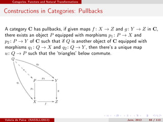 Categories, Functors and Natural Transformations




Constructions in Categories: Pullbacks

A category         C                      f : X → Z and g : Y → Z in C,
                       has pullbacks, if given maps
there exists an object P equipped with morphisms p1 : P → X and
p2 : P → Y of C such that if Q is another object of C equipped with
morphisms q1 : Q → X and q2 : Q → Y , then there's a unique map
u : Q → P such that the `triangles' below commute.




Valeria de Paiva   (NASSLLI2012)                        June, 2012   66 / 113
 