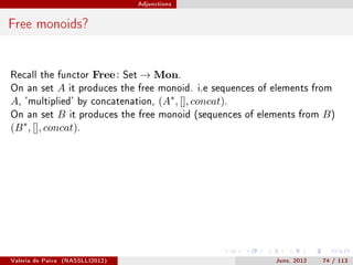 Adjunctions




Free monoids?


Recall the functor          Free :   Set   → Mon.
On an set          A   it produces the free monoid. i.e sequences of elements from
A,   'multiplied' by concatenation,              (A∗ , [], concat).
On an set B it produces              the free monoid (sequences of elements from   B)
(B ∗ , [], concat).




Valeria de Paiva   (NASSLLI2012)                                      June, 2012   74 / 113
 