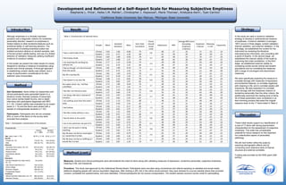 Development and Refinement of a Self-Report Scale for Measuring Subjective Emptiness
Stephanie L. Price1, Heike I.M. Mahler1, Christopher J. Hopwood2, Marie Thomas1, Kristyana Kern1, Tyan Carrico1
1California State University San Marcos, 2Michigan State University
Item Generation. Items written by researchers and
clinical participants were generated based on a
literature review, thematic analysis of transcripts
from online mental health forums, and in-depth
interviews with participants diagnosed with BPD
(n = 18). Content validity was evaluated by an expert
panel (n = 15) and the items were piloted with a
sample of undergraduate students (n = 53).
Participants. Participants who did not complete
90% or more of the items on the survey were
excluded from analysis.
These initial results support our identification of
a pool of 17 items with strong psychometric
characteristics for the assessment of subjective
emptiness. This scale has considerable
potential for future research on this important
but understudied aspect of personality
pathology.
We will next further refine this scale by
exploring demographic effects and by
conducting more extensive tests of internal
structure and external correlates.
Funding was provided by the RISE grant (GM-
64783).
Introduction
Table 1. Demographic characteristics of the samples.
Characteristic Sample
Clinical
(n = 1,066)
Student
(n = 543)
Age, years, mean ± SD 29.78 ± 11.48 20.22 ± 3.17
Gender
Female, No. (%) 715 (67.1%) 416 (76.6%)
Male 342 (32.1%) 126 (23.2%)
Ethnicity
Caucasian (Non-Latino), No. (%) 873 (81.9%) 145 (26.7%)
African American 24 (2.3%) 17 (3.1%)
Hispanic/Latino 44 (4.1%) 241 (44.4%)
Asian/Pacific Islander 34 (3.2%) 78 (14.4%)
Other 80 (7.5%) 59 (10.9%)
Education
Did Not Graduate from High School,
No. (%)
40 (3.8%) -
High School Diploma/G.E.D. 162 (15.2%) -
Some College 451 (42.3%) -
Bachelor’s Degree 268 (25.1%) -
Postgraduate Degree 141 (13.2%) -
Treatment
Taking Psychiatric Medication, No. (%) 692 (64.9%) 35 (6.4%)
Attending Therapy 520 (48.8%) 39 (7.2%)
Although emptiness is a clinically important
symptom and a diagnostic criterion for borderline
personality disorder, research on emptiness is
limited relative to other borderline features such as
emotional lability or self-harming behavior. The
development of existing emptiness scales has
entailed exclusive reliance on student samples, lack
of formal content validity testing, and use of a limited
selection of validation measures yielding insufficient
evidence of construct validity.
In this poster we present the initial results of a study
designed to develop a measure of emptiness using
student and clinical samples. A thorough approach
to establishing content validity was utilized, and a
range of psychometric considerations for item
selection were incorporated.
In this study we used a construct validation
strategy to develop a unidimensional measure
of emptiness. Construct validation (Loevinger,
1957) occurs in three stages: content validation,
internal validation, and external validation. In the
first stage, we established the content for the
instrument by reviewing the literature,
interviewing key informants, and consulting with
a panel of experts. In the second stage, we
established the internal validity of the scale by
examining item-total correlations. In the third
stage, we established external validity by
comparing scores across clinical and student
populations and by correlating the measures
with a range of convergent and discriminant
measures.
We were specifically expecting the measure to
correlate strongly with measures of depression,
and borderline features, to correlate negatively
with meaning in life, and to correlate weakly with
impulsivity. We also expected it to correlate
more strongly with the emptiness criterion of
borderline personality than the other criteria. We
additionally examined the reading level of items.
All of these parameters were considered in an
item-trimming process that pared the original
measure down to the 17 items listed in Table 2.
Method
Results
Discussion
Measures. Student and clinical participants were administered the initial 53 items along with validating measures of depression, borderline personality, subjective emptiness,
meaning in life, and impulsivity.
Procedure. This study was approved by the Institutional Review Board. Participants were recruited using convenience and referral sampling on websites and social media
platforms targeting people with various psychiatric diagnoses. After clicking a URL link in the online announcement, they were directed to a survey website where they provided
consent, completed the questionnaires, and were debriefed. Clinical participants did not receive compensation. The student sample received course credit for participating.
Method (cont.)
Strategy
Sample Mean
Standard
Deviation
Skew
Item-Total
Correlation
Flesch
Kincaid
Grade
Level
Depression BPD
Average BPD Score
(Excluding
Emptiness
Criterion)
Emptiness
Criterion
Meaning
in Life
Impulsivity
I have a void inside of me.
Clinical 2.63 1.06 -0.06 .73
0.6
.60 .57 .32 .71 -.52 .14
Student 1.53 0.72 1.39 .69 .61 .59 .34 .58 -.39 .23
I feel empty inside.
Clinical 2.60 1.08 -0.05 .78
3.7
.63 .58 .32 .76 -.57 .16
Student 1.47 0.68 1.37 .74 .66 .62 .36 .66 -.47 .25
I am watching the world go by
without me.
Clinical 2.77 1.12 -0.28 .74
2.3
.59 .46 .27 .54 -.59 .16
Student 1.51 0.76 1.43 .66 .46 .47 .28 .43 -.44 .27
I feel as though I am disconnected
from the world.
Clinical 2.81 1.06 -0.32 .73
3.7
.59 .49 .29 .53 -.54 .18
Student 1.51 0.75 1.32 .73 .55 .56 .34 .51 -.46 .28
My life is lacking life.
Clinical 2.81 1.09 -0.35 .78
0.5
.62 .46 .26 .57 -.61 .13
Student 1.57 0.78 1.24 .72 .60 .52 .31 .49 -.51 .27
I feel absent in my own life.
Clinical 2.48 1.15 0.05 .78
0.6
.62 .52 .31 .56 -.56 .20
Student 1.33 0.65 2.07 .81 .59 .55 .34 .50 -.46 .21
No matter what I do, I still feel
unfulfilled.
Clinical 2.72 1.09 -0.24 .74
3.7
.59 .53 .32 .55 -.55 .22
Student 1.44 0.72 1.64 .75 .60 .56 .33 .52 -.48 .23
I feel like I am forced to exist.
Clinical 2.41 1.23 0.16 .74
0.8
.59 .54 .32 .56 -.53 .15
Student 1.27 0.66 2.76 .71 .53 .52 .32 .43 -.40 .20
I am living a life that is drained of
emotion.
Clinical 2.12 1.07 0.54 .62
3.7
.43 .41 .23 .50 -.48 .13
Student 1.31 0.62 2.25 .67 .54 .48 .28 .46 -.44 .29
I am nothing more than the mask I
wear.
Clinical 2.13 1.13 0.51 .68
1
.48 .51 .31 .48 -.46 .17
Student 1.25 0.58 2.54 .65 .47 .50 .31 .40 -.36 .27
I feel hollow.
Clinical 2.40 1.11 0.17 .83
1.3
.61 .58 .33 .70 -.55 .17
Student 1.29 0.61 2.37 .77 .57 .57 .34 .54 -.44 .25
I feel like a body without a soul.
Clinical 1.91 1.12 0.82 .71
2.3
.49 .50 .30 .56 -.48 .16
Student 1.18 0.51 3.21 .66 .45 .52 .33 .42 -.42 .28
I feel all alone in the world.
Clinical 2.50 1.16 0.05 .74
0.6
.60 .53 .31 .57 -.51 .16
Student 1.37 0.69 2.01 .71 .60 .53 .32 .48 -.43 .21
I am in the world but not part of it.
Clinical 2.42 1.14 0.13 .79
0.1
.56 .49 .29 .54 -.58 .16
Student 1.27 0.64 2.71 .68 .46 .49 .31 .38 -.34 .22
I don't see the point in doing
anything.
Clinical 2.45 1.18 0.13 .76
3.8
.60 .53 .31 .58 -.63 .20
Student 1.25 0.62 2.76 .64 .50 .51 .31 .43 -.42 .25
My life does not feel as meaningful
as I would like it to feel.
Clinical 3.10 1.02 -0.75 .72
3.4
.61 .55 .26 .56 -.58 .15
Student 1.58 0.85 1.43 .74 .60 .57 .34 .56 -.51 .24
My life does not feel as fulfilling as I
would like it to feel.
Clinical 3.09 1.04 -0.73 .71
3.4
.59 .43 .24 .55 -.57 .14
Student 1.62 0.87 1.29 .70 .57 .50 .30 .51 -.50 .19
Table 2. Characteristics of selected items.
 