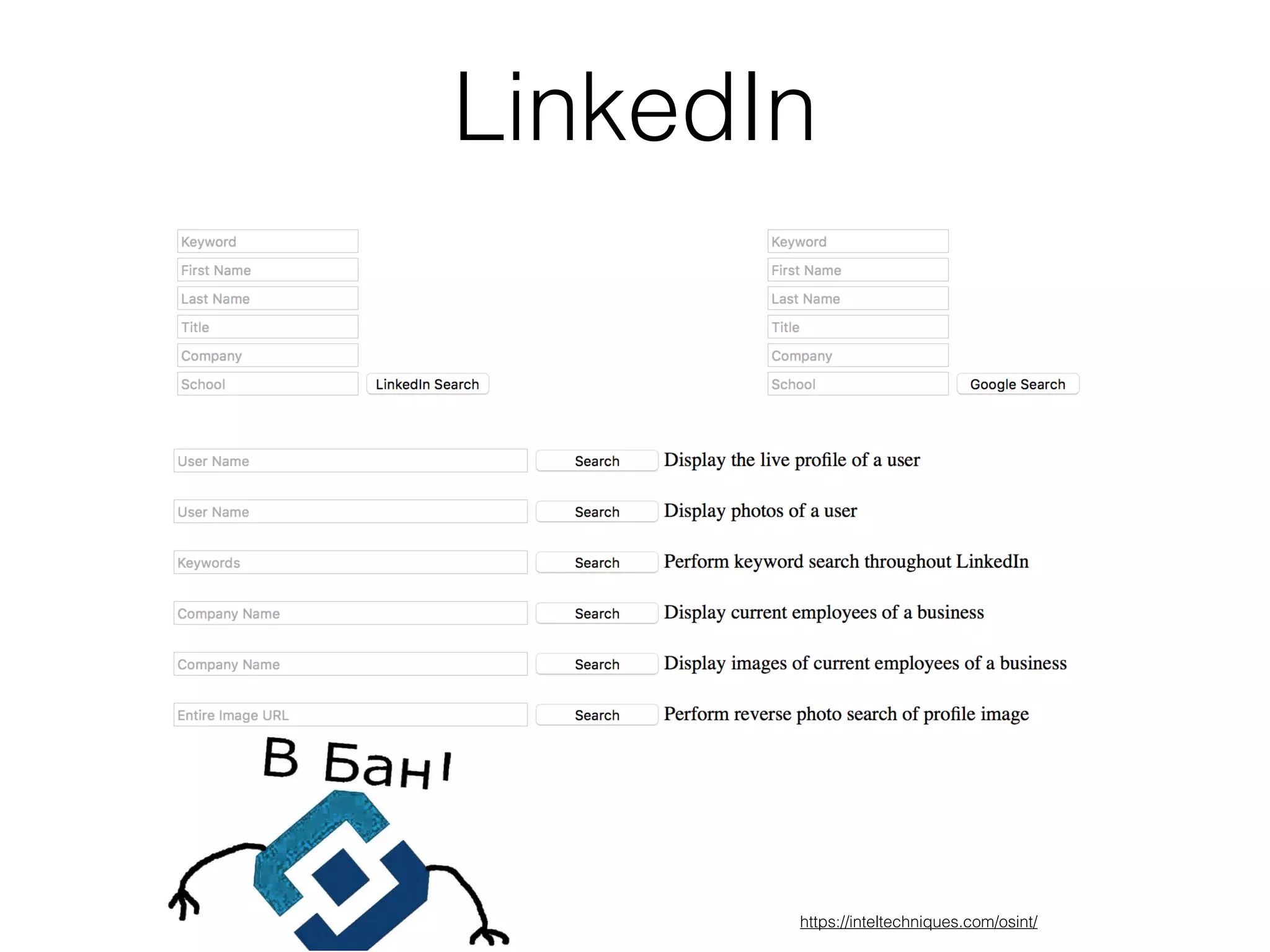 LinkedIn
https://inteltechniques.com/osint/
 