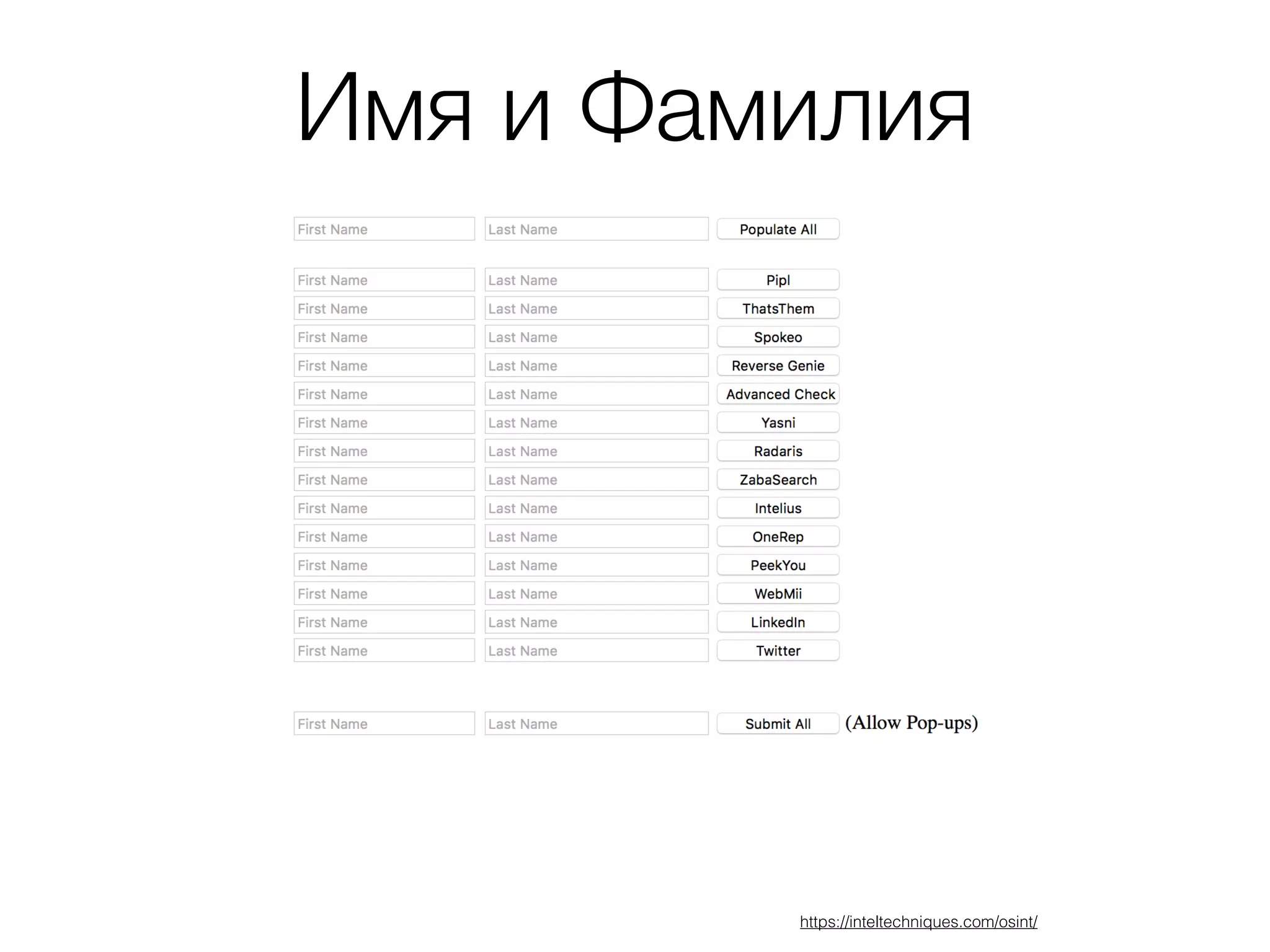 Имя и Фамилия
https://inteltechniques.com/osint/
 