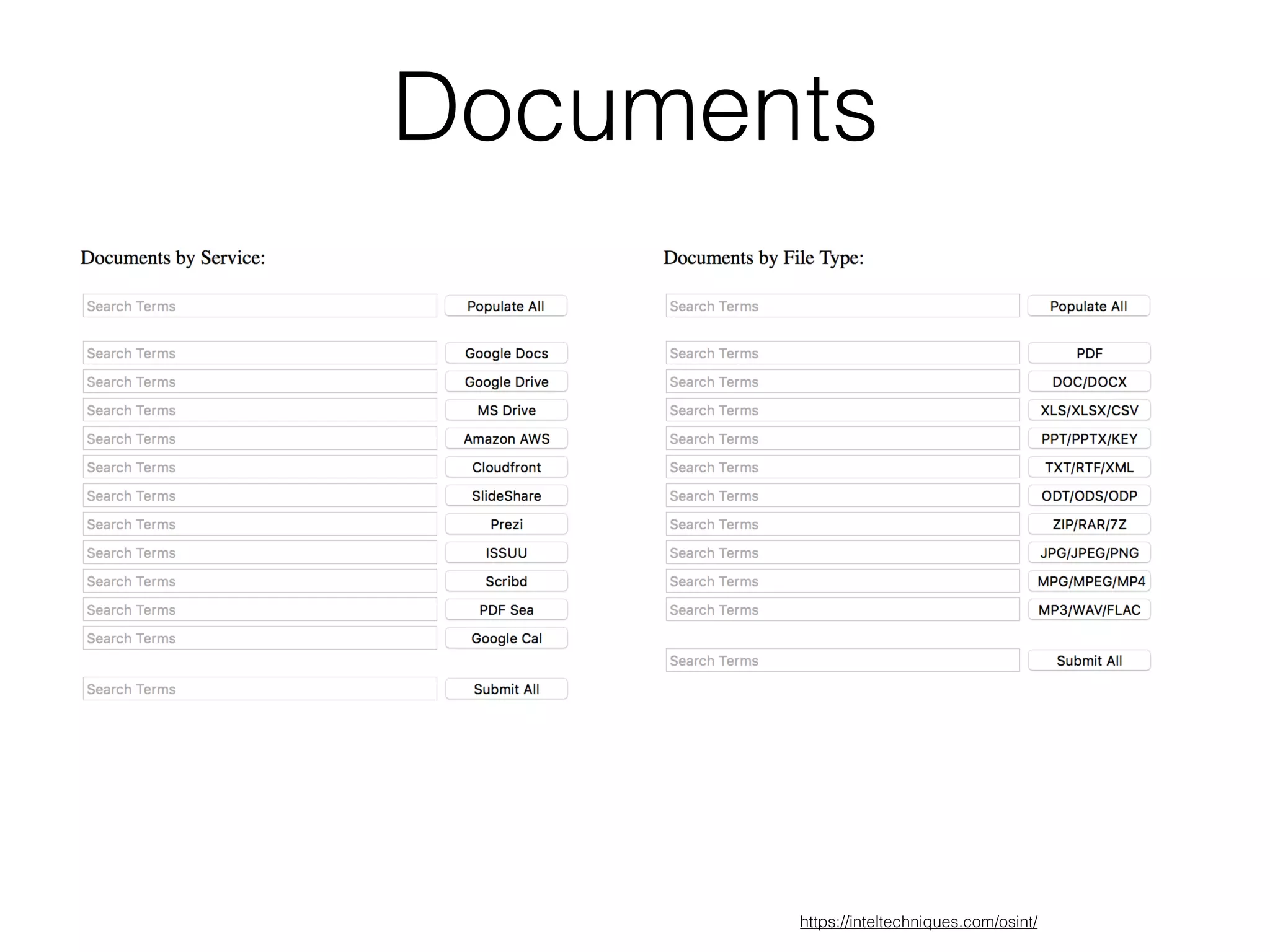 Documents
https://inteltechniques.com/osint/
 