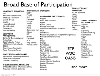 Broad Base of Participation                                                      SMALL COMPANY
                                   BIG COMPANY SPONSORS                               SPONSORS
   NONPROFIT SPONSORS
                                   MSFT                                               FuGen Solutions
   ISOC
                                   PingID                                             OUNO
   Kantara/Liberty Alliance                      CORPORATE PARTICIPANTS
                                   SUN                                                Rel-ID
   Info Card Foundation                          Paypal
                                   Facebook                                           Poken
   OASIS IDTrust                                 Booz Allen Hamilton                             SMALL COMPANY
                                   Google                                             Vidoop
   Mozilla                                       Apple                                           PATICIPANTS
                                   Yahoo                                              Chimp
   Higgins Project
                                   Cisco
                                                 Burton Group                         Authentrus Ångströ
   Bandit Project                                Hewlett Packared                                Digg, Inc.
                                   Plaxo                                              Sxip
   Planetwork                                    International Business Machines                 Privo
   Internet Society                Commerce Net Intuit                                ClaimID
                                                                                                 Expensify
                                   Adobe         LexisNexis                                      FamilySearch.org
   NONPROFIT                       BT            Nippon Telegraph and Telephone Corporation      FreshBooks
   PARTICIPANTS                    Novell        Nokia Siemens Networks                          Gigya
   Center for Democracy and        Facebook      NRI                                             Gluu
   Technology                      AOL           Oracle                                          Janrain
   DataPortability Project         Ping Identity Orange                                          Kynetx
   IdM Network Netherlands         Paypal / eBay Rackspace                                       NetMesh Inc.
   OCLC                                          Radiant Logic                                   Protiviti
   Open Forum Foundation
   World Economic Forum
                                                 Sony Ericsson
                                                 The MITRE Corporation
                                                                            IETF                 Socialtext
                                                                                                 TriCipher, Inc.
    UNIVERSITY PARTICIPANTS
                                                 Tucows Inc
                                                 VeriSign, Inc.
                                                                           W3C                   Trusted-ID
                                                                                                 Wave Systems
    Goldsmiths, University of London
    Newcastle University
    Stanford University
                                                 Vodafone Group R &D
                                                 Alcatel-Lucent            OASIS                 Six Apart

                                                 Acxiom Identity Solutions
                                                 Acxiom Research
    GOVERNMENT PARTICIPANTS                      Equifax
    Office of the Chief Informaiton Office,
    Province of British Columbia
                                                 LinkedIn
                                                 Amazon
                                                                                   and more...
Friday, September 24, 2010
 