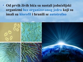 Od prvih živih bića su nastali jednćelijski
organizmi bez organizovanog jedra koji su
imali su hlorofil i hranili se autotrofno
 