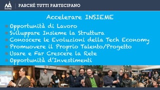 PARCHÊ TUTTI PARTECIPANO
• Opportunità di Lavoro
• Sviluppare Insieme la Struttura
• Conoscere le Evoluzioni della Tech Economy
• Promuovere il Proprio Talento/Progetto
• Usare e Far Crescere la Rete
• Opportunità d’Investimenti
Accelerare INSIEME
 