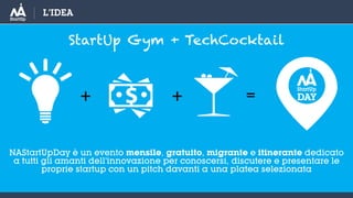 =
L’IDEA
NAStartUpDay è un evento mensile, gratuito, migrante e itinerante dedicato
a tutti gli amanti dell’innovazione per conoscersi, discutere e presentare le
proprie startup con un pitch davanti a una platea selezionata
StartUp Gym + TechCocktail
 