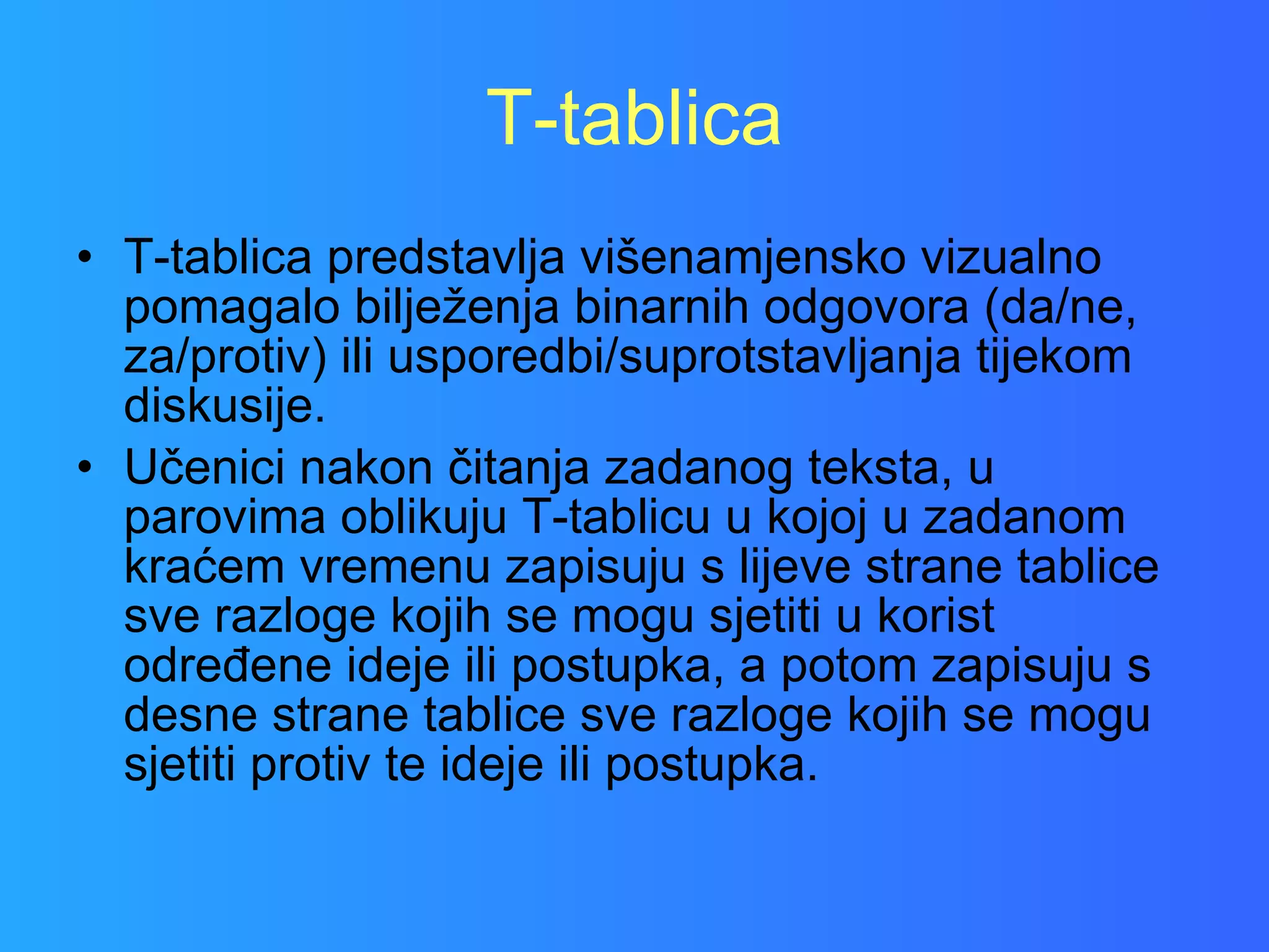 T-tablica T-tablica predstavlja višenamjensko vizualno pomagalo bilježenja binarnih odgovora (da/ne, za/protiv) ili usporedbi/suprotstavljanja tijekom diskusije.  Učenici nakon čitanja zadanog teksta, u parovima oblikuju T-tablicu u kojoj u zadanom kraćem vremenu zapisuju s lijeve strane tablice sve razloge kojih se mogu sjetiti u korist određene ideje ili postupka, a potom zapisuju s desne strane tablice sve razloge kojih se mogu sjetiti protiv te ideje ili postupka. 