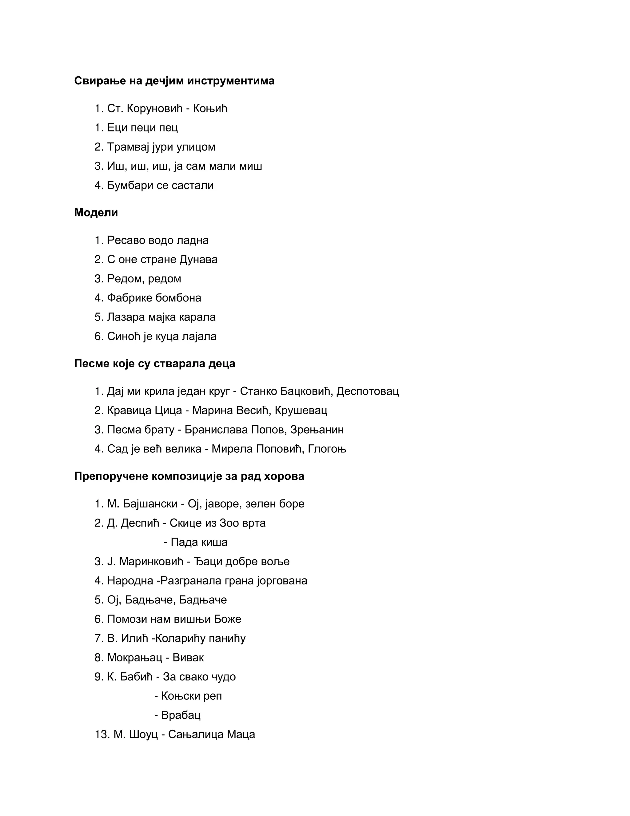 Свирање на дечјим инструментима
1. Ст. Коруновић - Коњић
1. Еци пеци пец
2. Трамвај јури улицом
3. Иш, иш, иш, ја сам мали миш
4. Бумбари се састали
Модели
1. Ресаво водо ладна
2. С оне стране Дунава
3. Редом, редом
4. Фабрике бомбона
5. Лазара мајка карала
6. Синоћ је куца лајала
Песме које су стварала деца
1. Дај ми крила један круг - Станко Бацковић, Деспотовац
2. Кравица Цица - Марина Весић, Крушевац
3. Песма брату - Бранислава Попов, Зрењанин
4. Сад је већ велика - Мирела Поповић, Глогоњ
Препоручене композиције за рад хорова
1. М. Бајшански - Ој, јаворе, зелен боре
2. Д. Деспић - Скице из Зоо врта
- Пада киша
3. Ј. Маринковић - Ђаци добре воље
4. Народна -Разгранала грана јоргована
5. Ој, Бадњаче, Бадњаче
6. Помози нам вишњи Боже
7. В. Илић -Коларићу панићу
8. Мокрањац - Вивак
9. К. Бабић - За свако чудо
- Коњски реп
- Врабац
13. М. Шоуц - Сањалица Маца
 