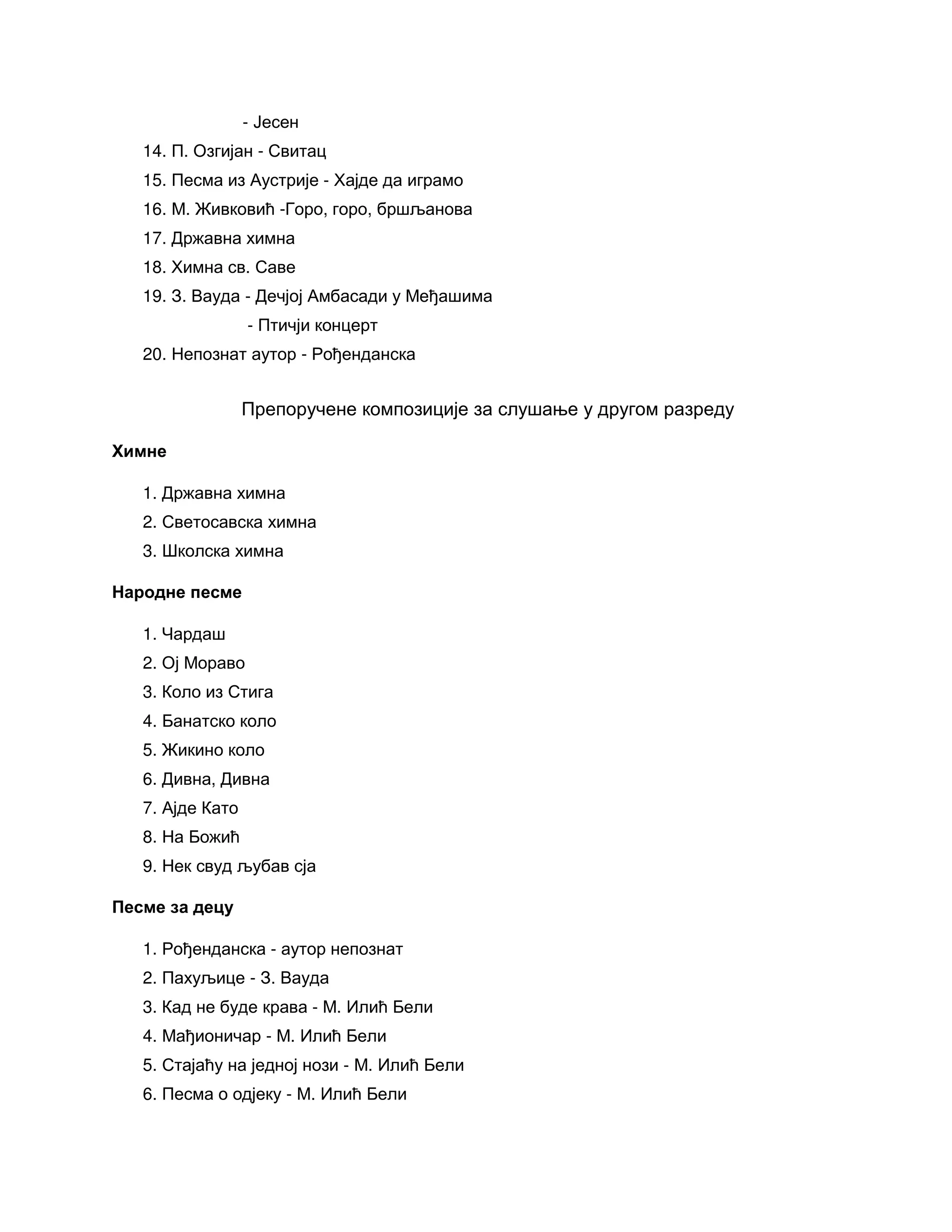 - Јесен
14. П. Озгијан - Свитац
15. Песма из Аустрије - Хајде да играмо
16. М. Живковић -Горо, горо, бршљанова
17. Државна химна
18. Химна св. Саве
19. З. Вауда - Дечјој Амбасади у Међашима
- Птичји концерт
20. Непознат аутор - Рођенданска
Препоручене композиције за слушање у другом разреду
Химне
1. Државна химна
2. Светосавска химна
3. Школска химна
Народне песме
1. Чардаш
2. Ој Мораво
3. Коло из Стига
4. Банатско коло
5. Жикино коло
6. Дивна, Дивна
7. Ајде Като
8. На Божић
9. Нек свуд љубав сја
Песме за децу
1. Рођенданска - аутор непознат
2. Пахуљице - З. Вауда
3. Кад не буде крава - М. Илић Бели
4. Мађионичар - М. Илић Бели
5. Стајаћу на једној нози - М. Илић Бели
6. Песма о одјеку - М. Илић Бели
 