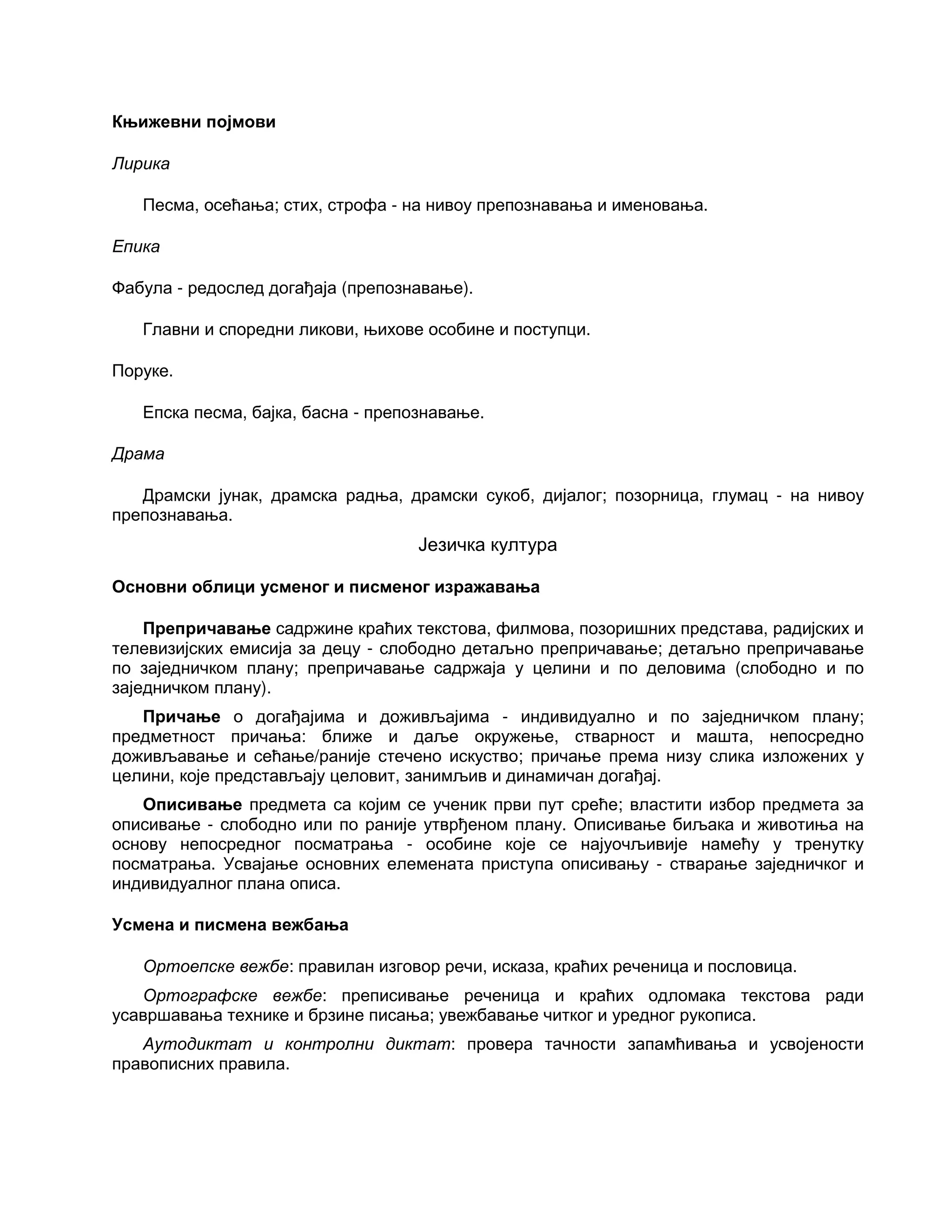 Књижевни појмови
Лирика
Песма, осећања; стих, строфа - на нивоу препознавања и именовања.
Епика
Фабула - редослед догађаја (препознавање).
Главни и споредни ликови, њихове особине и поступци.
Поруке.
Епска песма, бајка, басна - препознавање.
Драма
Драмски јунак, драмска радња, драмски сукоб, дијалог; позорница, глумац - на нивоу
препознавања.
Језичка култура
Основни облици усменог и писменог изражавања
Препричавање садржине краћих текстова, филмова, позоришних представа, радијских и
телевизијских емисија за децу - слободно детаљно препричавање; детаљно препричавање
по заједничком плану; препричавање садржаја у целини и по деловима (слободно и по
заједничком плану).
Причање о догађајима и доживљајима - индивидуално и по заједничком плану;
предметност причања: ближе и даље окружење, стварност и машта, непосредно
доживљавање и сећање/раније стечено искуство; причање према низу слика изложених у
целини, које представљају целовит, занимљив и динамичан догађај.
Описивање предмета са којим се ученик први пут среће; властити избор предмета за
описивање - слободно или по раније утврђеном плану. Описивање биљака и животиња на
основу непосредног посматрања - особине које се најуочљивије намећу у тренутку
посматрања. Усвајање основних елемената приступа описивању - стварање заједничког и
индивидуалног плана описа.
Усмена и писмена вежбања
Ортоепске вежбе: правилан изговор речи, исказа, краћих реченица и пословица.
Ортографске вежбе: преписивање реченица и краћих одломака текстова ради
усавршавања технике и брзине писања; увежбавање читког и уредног рукописа.
Аутодиктат и контролни диктат: провера тачности запамћивања и усвојености
правописних правила.
 