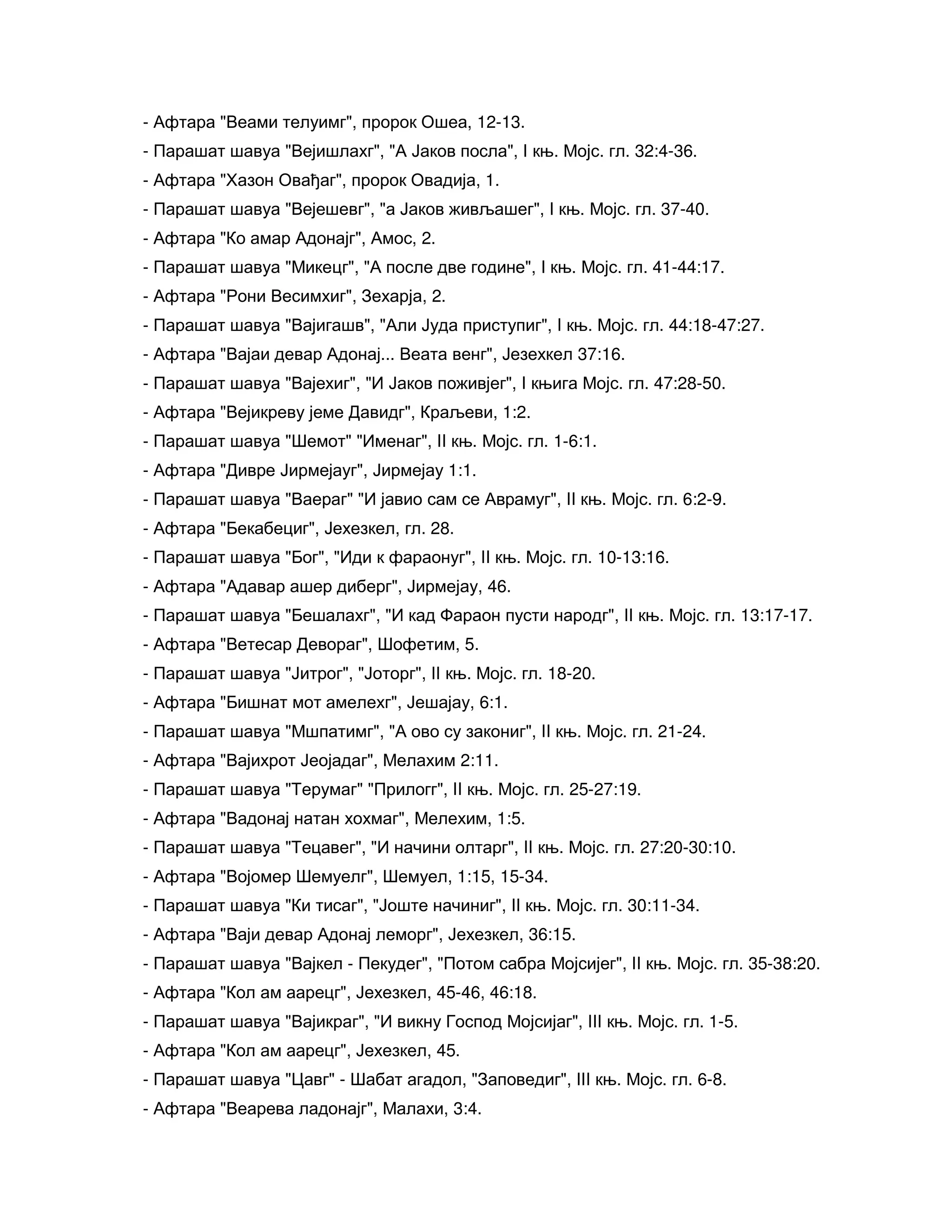 - Афтара "Веами телуимг", пророк Ошеа, 12-13.
- Парашат шавуа "Вејишлахг", "А Јаков посла", I књ. Мојс. гл. 32:4-36.
- Афтара "Хазон Овађаг", пророк Овадија, 1.
- Парашат шавуа "Вејешевг", "а Јаков живљашег", I књ. Мојс. гл. 37-40.
- Афтара "Ко амар Адонајг", Амос, 2.
- Парашат шавуа "Микецг", "А после две године", I књ. Мојс. гл. 41-44:17.
- Афтара "Рони Весимхиг", Зехарја, 2.
- Парашат шавуа "Вајигашв", "Али Јуда приступиг", I књ. Мојс. гл. 44:18-47:27.
- Афтара "Вајаи девар Адонај... Веата венг", Језехкел 37:16.
- Парашат шавуа "Вајехиг", "И Јаков поживјег", I књига Мојс. гл. 47:28-50.
- Афтара "Вејикреву јеме Давидг", Краљеви, 1:2.
- Парашат шавуа "Шемот" "Именаг", II књ. Мојс. гл. 1-6:1.
- Афтара "Дивре Јирмејауг", Јирмејау 1:1.
- Парашат шавуа "Ваераг" "И јавио сам се Аврамуг", II књ. Мојс. гл. 6:2-9.
- Афтара "Бекабециг", Јехезкел, гл. 28.
- Парашат шавуа "Бог", "Иди к фараонуг", II књ. Мојс. гл. 10-13:16.
- Афтара "Адавар ашер диберг", Јирмејау, 46.
- Парашат шавуа "Бешалахг", "И кад Фараон пусти народг", II књ. Мојс. гл. 13:17-17.
- Афтара "Ветесар Девораг", Шофетим, 5.
- Парашат шавуа "Јитрог", "Јоторг", II књ. Мојс. гл. 18-20.
- Афтара "Бишнат мот амелехг", Јешајау, 6:1.
- Парашат шавуа "Мшпатимг", "А ово су закониг", II књ. Мојс. гл. 21-24.
- Афтара "Вајихрот Јеојадаг", Мелахим 2:11.
- Парашат шавуа "Терумаг" "Прилогг", II књ. Мојс. гл. 25-27:19.
- Афтара "Вадонај натан хохмаг", Мелехим, 1:5.
- Парашат шавуа "Тецавег", "И начини олтарг", II књ. Мојс. гл. 27:20-30:10.
- Афтара "Војомер Шемуелг", Шемуел, 1:15, 15-34.
- Парашат шавуа "Ки тисаг", "Јоште начиниг", II књ. Мојс. гл. 30:11-34.
- Афтара "Ваји девар Адонај леморг", Јехезкел, 36:15.
- Парашат шавуа "Вајкел - Пекудег", "Потом сабра Мојсијег", II књ. Мојс. гл. 35-38:20.
- Афтара "Кол ам аарецг", Јехезкел, 45-46, 46:18.
- Парашат шавуа "Вајикраг", "И викну Господ Мојсијаг", III књ. Мојс. гл. 1-5.
- Афтара "Кол ам аарецг", Јехезкел, 45.
- Парашат шавуа "Цавг" - Шабат агадол, "Заповедиг", III књ. Мојс. гл. 6-8.
- Афтара "Веарева ладонајг", Малахи, 3:4.
 