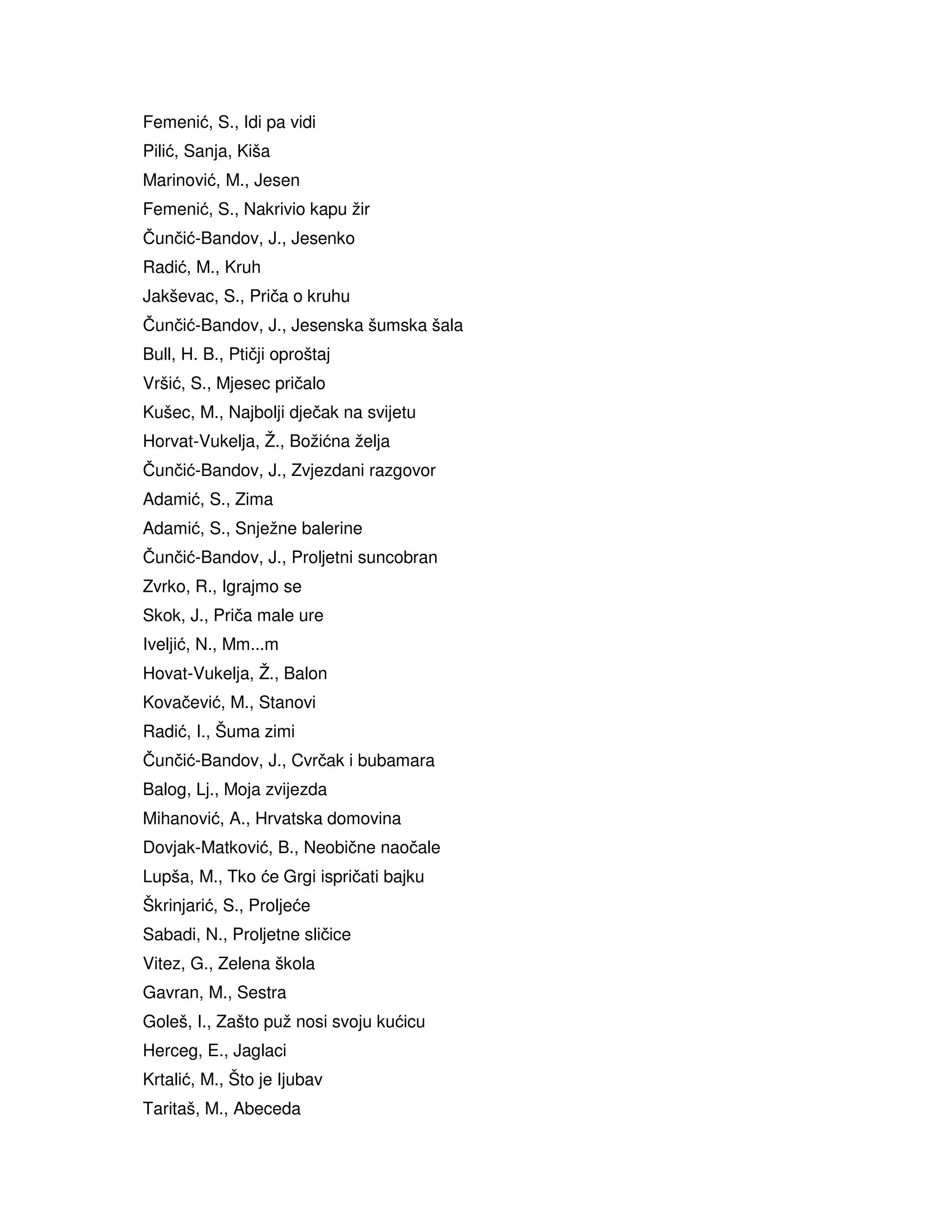 Femenić, S., Idi pa vidi
Pilić, Sanja, Kiša
Marinović, M., Jesen
Femenić, S., Nakrivio kapu žir
Čunčić-Bandov, J., Jesenko
Radić, M., Kruh
Jakševac, S., Priča o kruhu
Čunčić-Bandov, J., Jesenska šumska šala
Bull, H. B., Ptičji oproštaj
Vršić, S., Mjesec pričalo
Kušec, M., Najbolji dječak na svijetu
Horvat-Vukelja, Ž., Božićna želja
Čunčić-Bandov, J., Zvjezdani razgovor
Adamić, S., Zima
Adamić, S., Snježne balerine
Čunčić-Bandov, J., Proljetni suncobran
Zvrko, R., Igrajmo se
Skok, J., Priča male ure
Iveljić, N., Mm...m
Hovat-Vukelja, Ž., Balon
Kovačević, M., Stanovi
Radić, I., Šuma zimi
Čunčić-Bandov, J., Cvrčak i bubamara
Balog, Lj., Moja zvijezda
Mihanović, A., Hrvatska domovina
Dovjak-Matković, B., Neobične naočale
Lupša, M., Tko će Grgi ispričati bajku
Škrinjarić, S., Proljeće
Sabadi, N., Proljetne sličice
Vitez, G., Zelena škola
Gavran, M., Sestra
Goleš, I., Zašto puž nosi svoju kućicu
Herceg, E., Jaglaci
Krtalić, M., Što je Ijubav
Taritaš, M., Abeceda
 