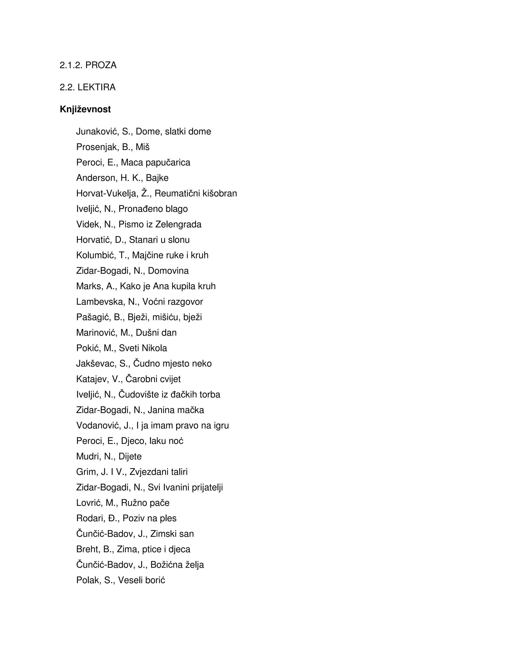 2.1.2. PROZA
2.2. LEKTIRA
Književnost
Junaković, S., Dome, slatki dome
Prosenjak, B., Miš
Peroci, E., Maca papučarica
Anderson, H. K., Bajke
Horvat-Vukelja, Ž., Reumatični kišobran
Iveljić, N., Prona eno blago
Videk, N., Pismo iz Zelengrada
Horvatić, D., Stanari u slonu
Kolumbić, T., Majčine ruke i kruh
Zidar-Bogadi, N., Domovina
Marks, A., Kako je Ana kupila kruh
Lambevska, N., Voćni razgovor
Pašagić, B., Bježi, mišiću, bježi
Marinović, M., Dušni dan
Pokić, M., Sveti Nikola
Jakševac, S., Čudno mjesto neko
Katajev, V., Čarobni cvijet
Iveljić, N., Čudovište iz ačkih torba
Zidar-Bogadi, N., Janina mačka
Vodanović, J., I ja imam pravo na igru
Peroci, E., Djeco, laku noć
Mudri, N., Dijete
Grim, J. I V., Zvjezdani taliri
Zidar-Bogadi, N., Svi Ivanini prijatelji
Lovrić, M., Ružno pače
Rodari, ., Poziv na ples
Čunčić-Badov, J., Zimski san
Breht, B., Zima, ptice i djeca
Čunčić-Badov, J., Božićna želja
Polak, S., Veseli borić
 