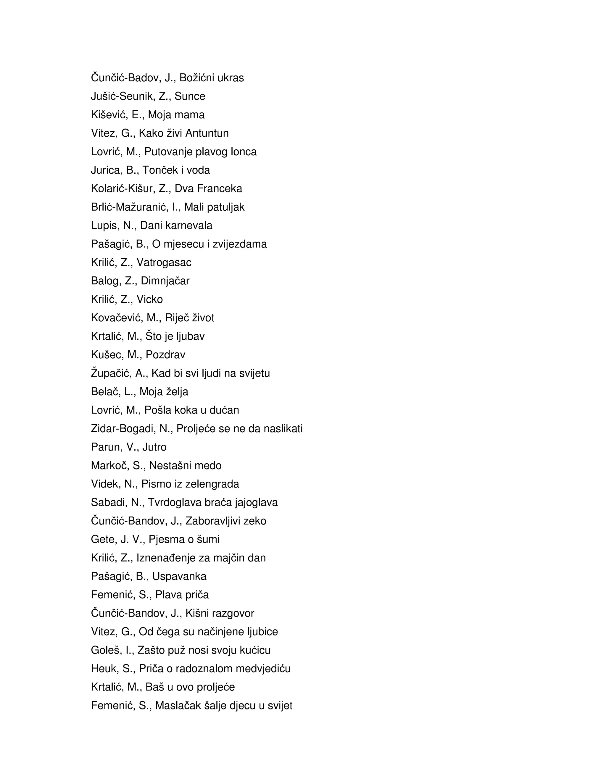 Čunčić-Badov, J., Božićni ukras
Jušić-Seunik, Z., Sunce
Kišević, E., Moja mama
Vitez, G., Kako živi Antuntun
Lovrić, M., Putovanje plavog lonca
Jurica, B., Tonček i voda
Kolarić-Kišur, Z., Dva Franceka
Brlić-Mažuranić, I., Mali patuljak
Lupis, N., Dani karnevala
Pašagić, B., O mjesecu i zvijezdama
Krilić, Z., Vatrogasac
Balog, Z., Dimnjačar
Krilić, Z., Vicko
Kovačević, M., Riječ život
Krtalić, M., Što je ljubav
Kušec, M., Pozdrav
Župačić, A., Kad bi svi ljudi na svijetu
Belač, L., Moja želja
Lovrić, M., Pošla koka u dućan
Zidar-Bogadi, N., Proljeće se ne da naslikati
Parun, V., Jutro
Markoč, S., Nestašni medo
Videk, N., Pismo iz zelengrada
Sabadi, N., Tvrdoglava braća jajoglava
Čunčić-Bandov, J., Zaboravljivi zeko
Gete, J. V., Pjesma o šumi
Krilić, Z., Iznena enje za majčin dan
Pašagić, B., Uspavanka
Femenić, S., Plava priča
Čunčić-Bandov, J., Kišni razgovor
Vitez, G., Od čega su načinjene ljubice
Goleš, I., Zašto puž nosi svoju kućicu
Heuk, S., Priča o radoznalom medvjediću
Krtalić, M., Baš u ovo proljeće
Femenić, S., Maslačak šalje djecu u svijet
 