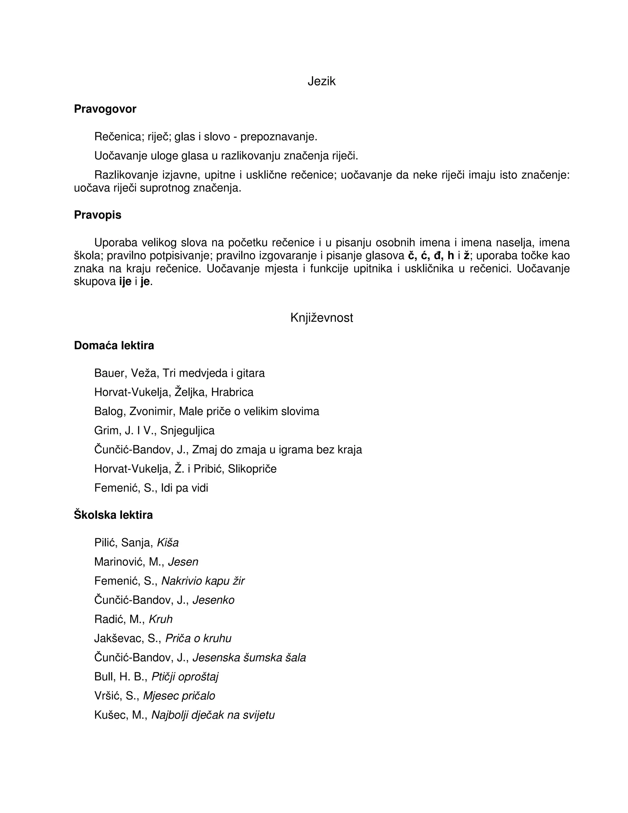 Jezik
Pravogovor
Rečenica; riječ; glas i slovo - prepoznavanje.
Uočavanje uloge glasa u razlikovanju značenja riječi.
Razlikovanje izjavne, upitne i usklične rečenice; uočavanje da neke riječi imaju isto značenje:
uočava riječi suprotnog značenja.
Pravopis
Uporaba velikog slova na početku rečenice i u pisanju osobnih imena i imena naselja, imena
škola; pravilno potpisivanje; pravilno izgovaranje i pisanje glasova č, ć, , h i ž; uporaba točke kao
znaka na kraju rečenice. Uočavanje mjesta i funkcije upitnika i uskličnika u rečenici. Uočavanje
skupova ije i je.
Književnost
Domaća lektira
Bauer, Veža, Tri medvjeda i gitara
Horvat-Vukelja, Željka, Hrabrica
Balog, Zvonimir, Male priče o velikim slovima
Grim, J. I V., Snjeguljica
Čunčić-Bandov, J., Zmaj do zmaja u igrama bez kraja
Horvat-Vukelja, Ž. i Pribić, Slikopriče
Femenić, S., Idi pa vidi
Školska lektira
Pilić, Sanja, Kiša
Marinović, M., Jesen
Femenić, S., Nakrivio kapu žir
Čunčić-Bandov, J., Jesenko
Radić, M., Kruh
Jakševac, S., Priča o kruhu
Čunčić-Bandov, J., Jesenska šumska šala
Bull, H. B., Ptičji oproštaj
Vršić, S., Mjesec pričalo
Kušec, M., Najbolji dječak na svijetu
 