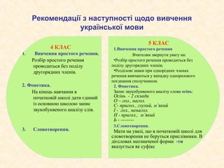 Рекомендації з наступності щодо вивчення
                 української мови

                                                      5 КЛАС
            4 КЛАС                   1.Вивчення простого речення
1.    Вивчення простого речення.               Вчителям звернути увагу на:
     Розбір простого речення         •Розбір простого речення проводиться без
     проводиться без поділу         поділу другорядних членів;
     другорядних членів.             •Розділові знаки при однорідних членах
                                    речення вивчаються у випадку одноразового
                                    поєднання сполучником.
2. Фонетика.                         2. Фонетика.
    На кінець навчання в             Запис звукобуквеного аналізу слова осінь:
     початковій школі дати єдиний    Осінь - 2 склади
                                     О – гол., нагол.
     із основною школою запис        С- пригол., глухий, м’який
     звукобуквеного аналізу слів.    І - гол., ненагол.
                                     Н - пригол., м’який
                                     Ь - --------
                                     3.Словотворення.
3.   Словотворення.                  Мати на увазі, що в початковій школі для
                                    словотворення не беруться прислівники. В
                                    дієсловах неозначеної форми -ти
                                    вказується як суфікс
 