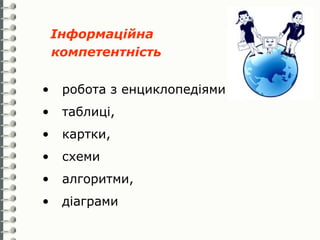Інформаційна
    компетентність

•    робота з енциклопедіями
•    таблиці,
•    картки,
•    схеми
•    алгоритми,
•    діаграми
 