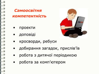 Самоосвітня
компетентність

•   проекти
•   доповіді
•   кросворди, ребуси
•   добирання загадок, прислів’їв
•   робота з дитячої періодикою
•   робота за комп’ютером
 