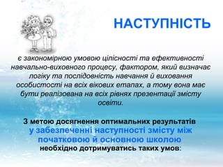 НАСТУПНІСТЬ

  є закономірною умовою цілісності та ефективності
навчально-виховного процесу, фактором, який визначає
      логіку та послідовність навчання й виховання
 особистості на всіх вікових етапах, а тому вона має
   бути реалізована на всіх рівнях презентації змісту
                         освіти.

   З метою досягнення оптимальних результатів
    у забезпеченні наступності змісту між
      початковою й основною школою
       необхідно дотримуватись таких умов:
 