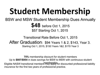 Student Membership
BSW and MSW Student Membership Dues Annually
$48 before Oct 1, 2015
$57 Starting Oct 1, 2015
Transitional Rate Before Oct 1, 2015
After Graduation: $94 Years 1 & 2, $143, Year 3.
Starting Oct 1, 2015, $150 Years 1&2, $170 Year 3
75% membership discount for student members
Up to $807/$954 in dues savings for BSW to MSW with continuous student
membershipEligible NASW transitional members may apply for discounted professional liability
insurance for the first two years of professional practice.
 